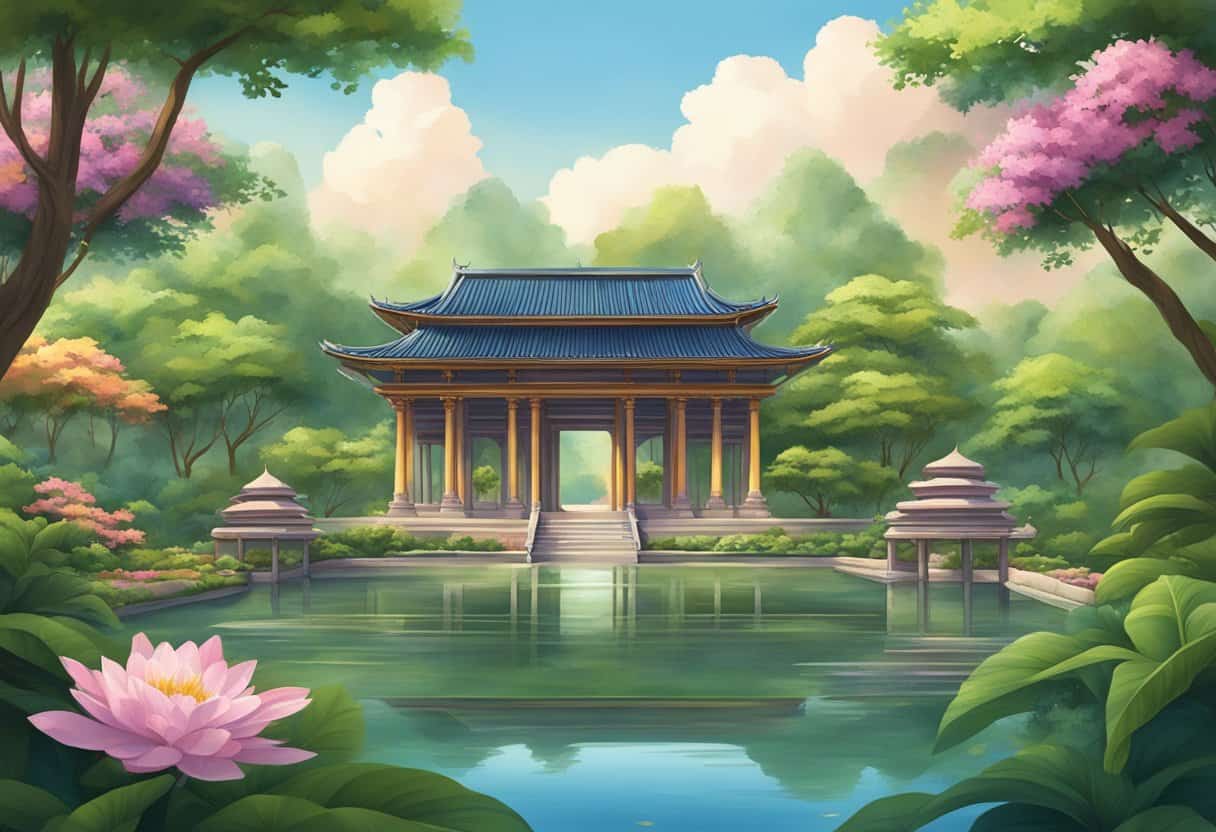A serene temple with intricate architecture, surrounded by lush gardens and tranquil ponds, emanating a sense of peace and spirituality