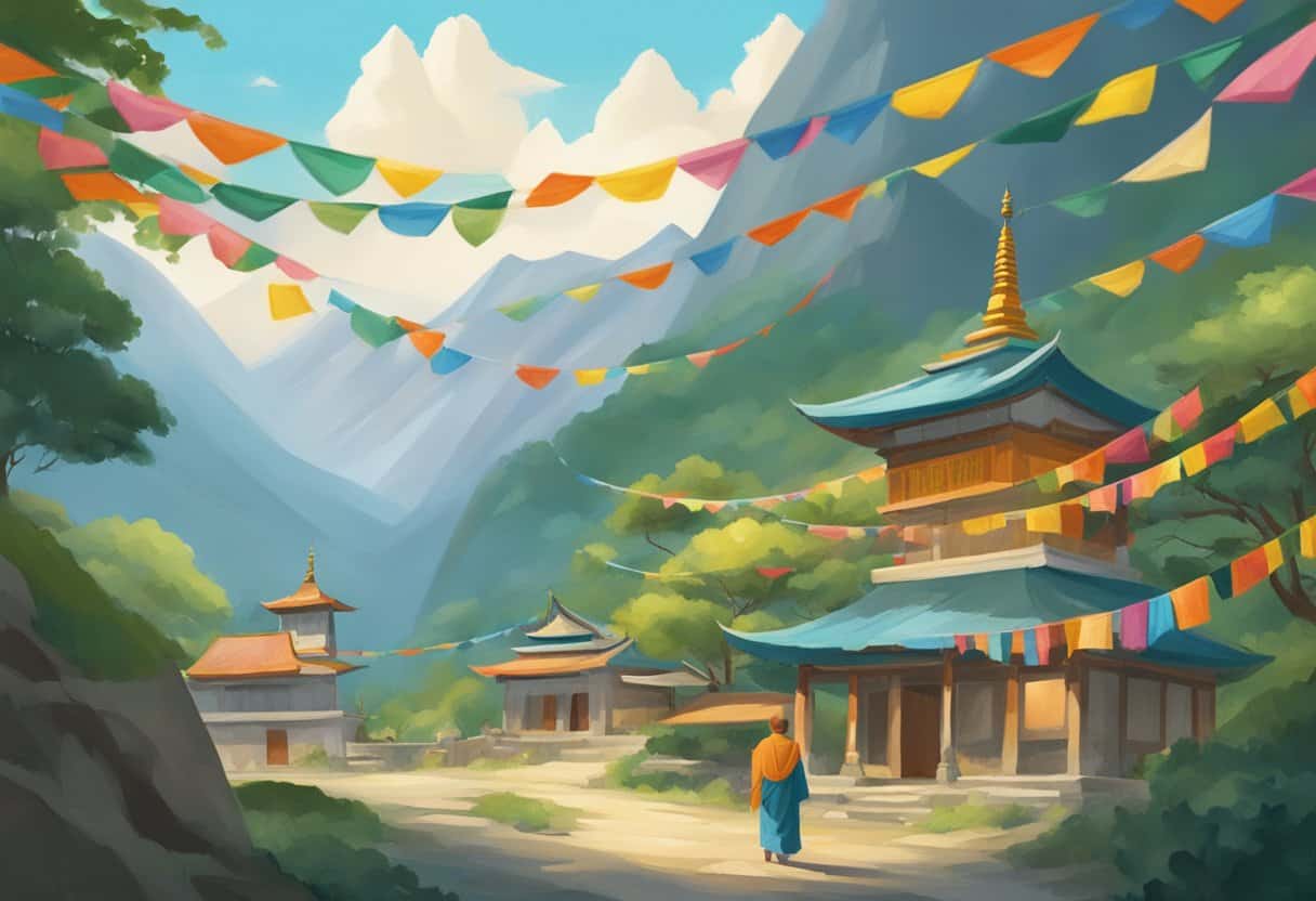 A serene temple nestled in lush mountains, with colorful prayer flags fluttering in the breeze, and monks engaged in peaceful meditation