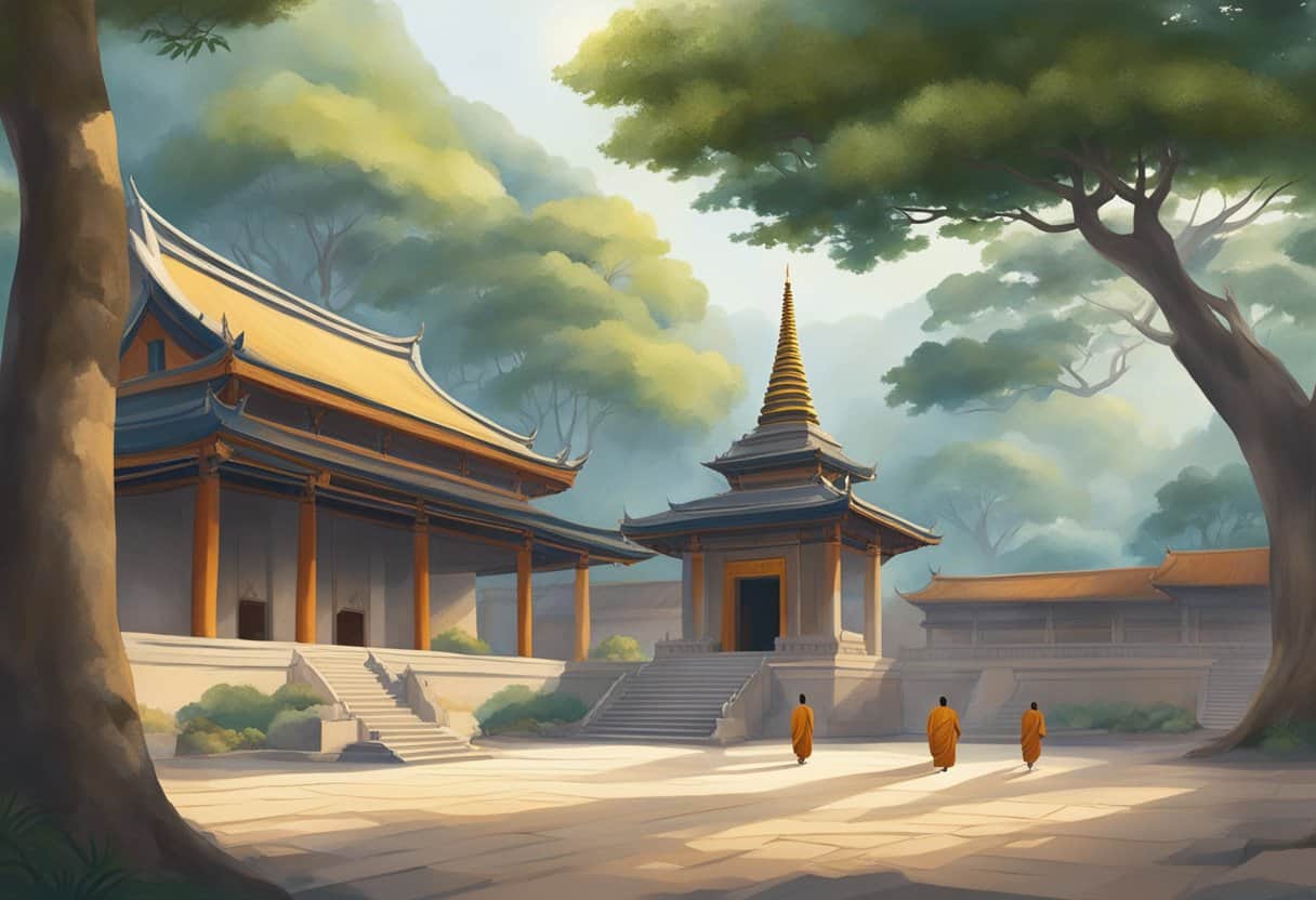 A serene temple courtyard with a large Bodhi tree, prayer flags fluttering in the breeze, and monks engaged in meditation and chanting