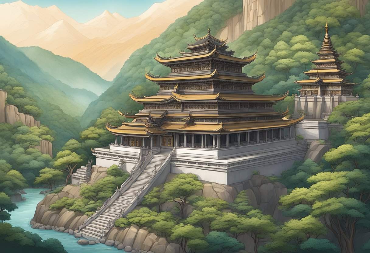 A serene temple nestled in the mountains, with intricate carvings and statues depicting the historical development of Mahayana Buddhism