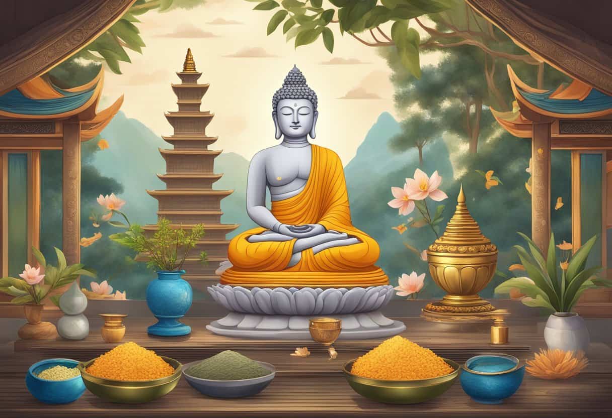 A serene Buddha statue surrounded by incense and offerings in a peaceful temple setting