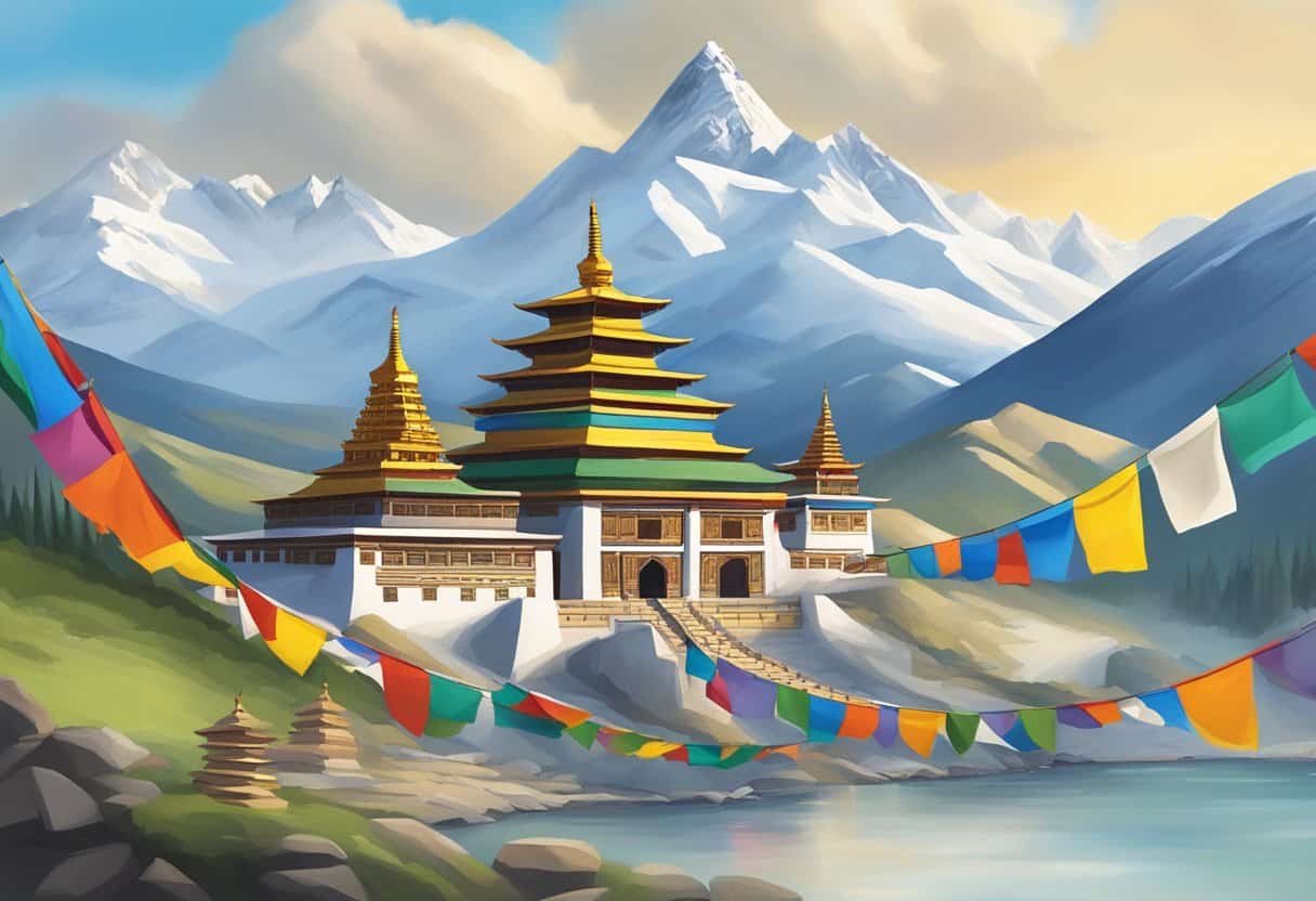 A serene Tibetan temple with colorful prayer flags fluttering in the wind, surrounded by snow-capped mountains and a peaceful, flowing river