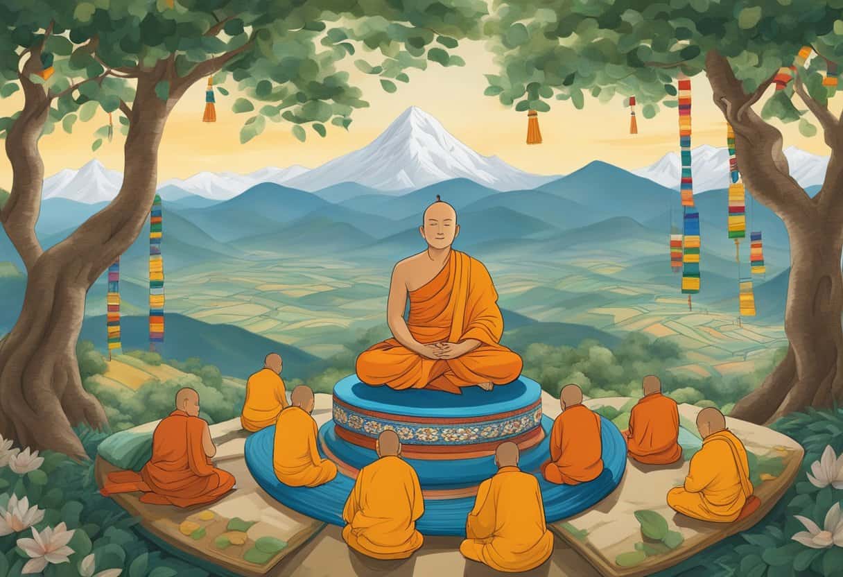 Monks meditate under a Bodhi tree, surrounded by prayer flags and a mountainous landscape, symbolizing the main practices and teachings of Tibetan Buddhism