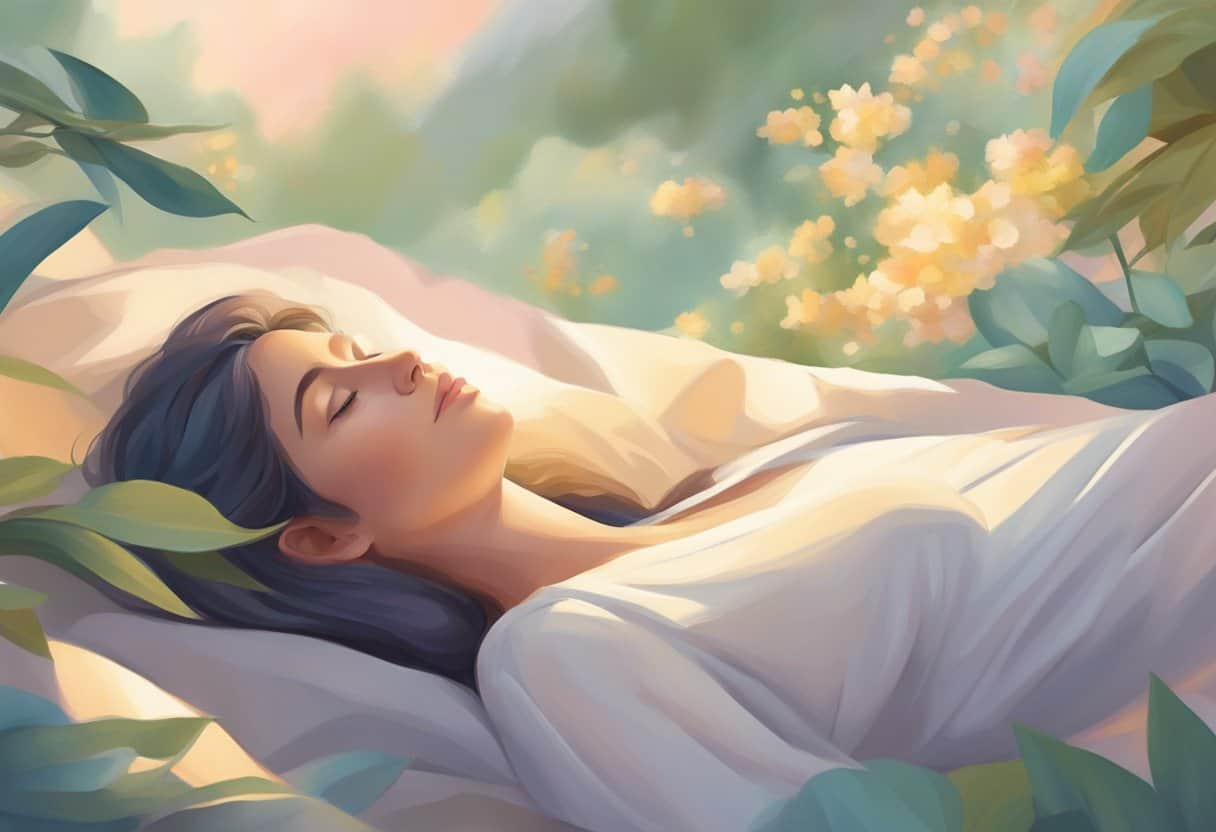 A serene figure lies in deep relaxation, surrounded by soft lighting and calming colors, as a sense of peace and tranquility fills the air