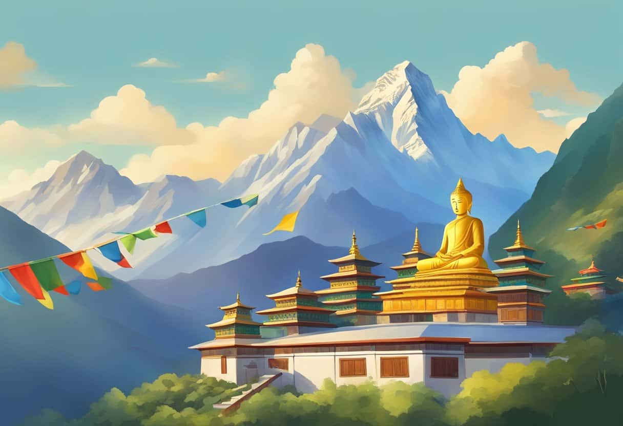 A serene mountain landscape with colorful prayer flags fluttering in the wind, a tranquil monastery nestled among the peaks, and a golden Buddha statue radiating peace and wisdom