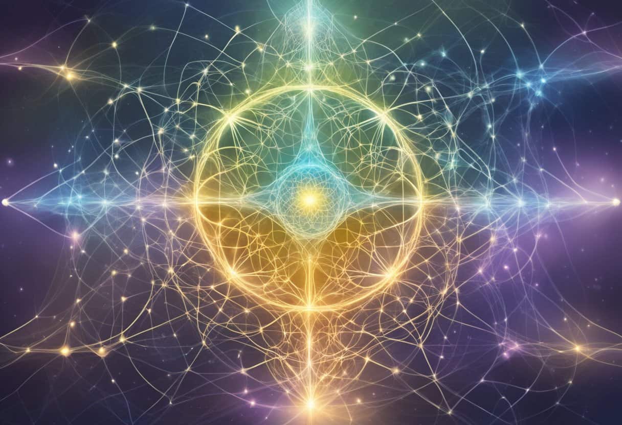 A glowing network of nadis intertwining, emanating energy and vitality, connecting spiritual and physiological dimensions