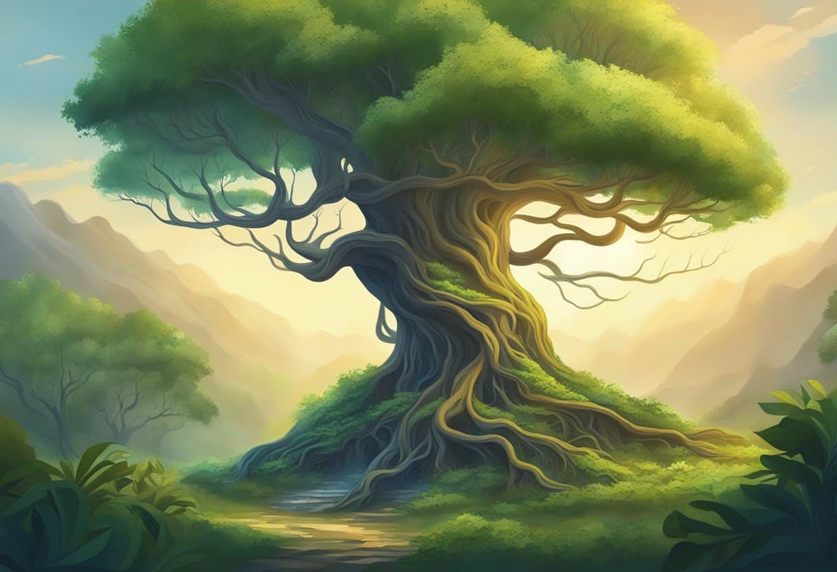 A serene forest with intertwined roots and vibrant foliage, symbolizing the interconnectedness of nature and the fundamental concepts of manomaya