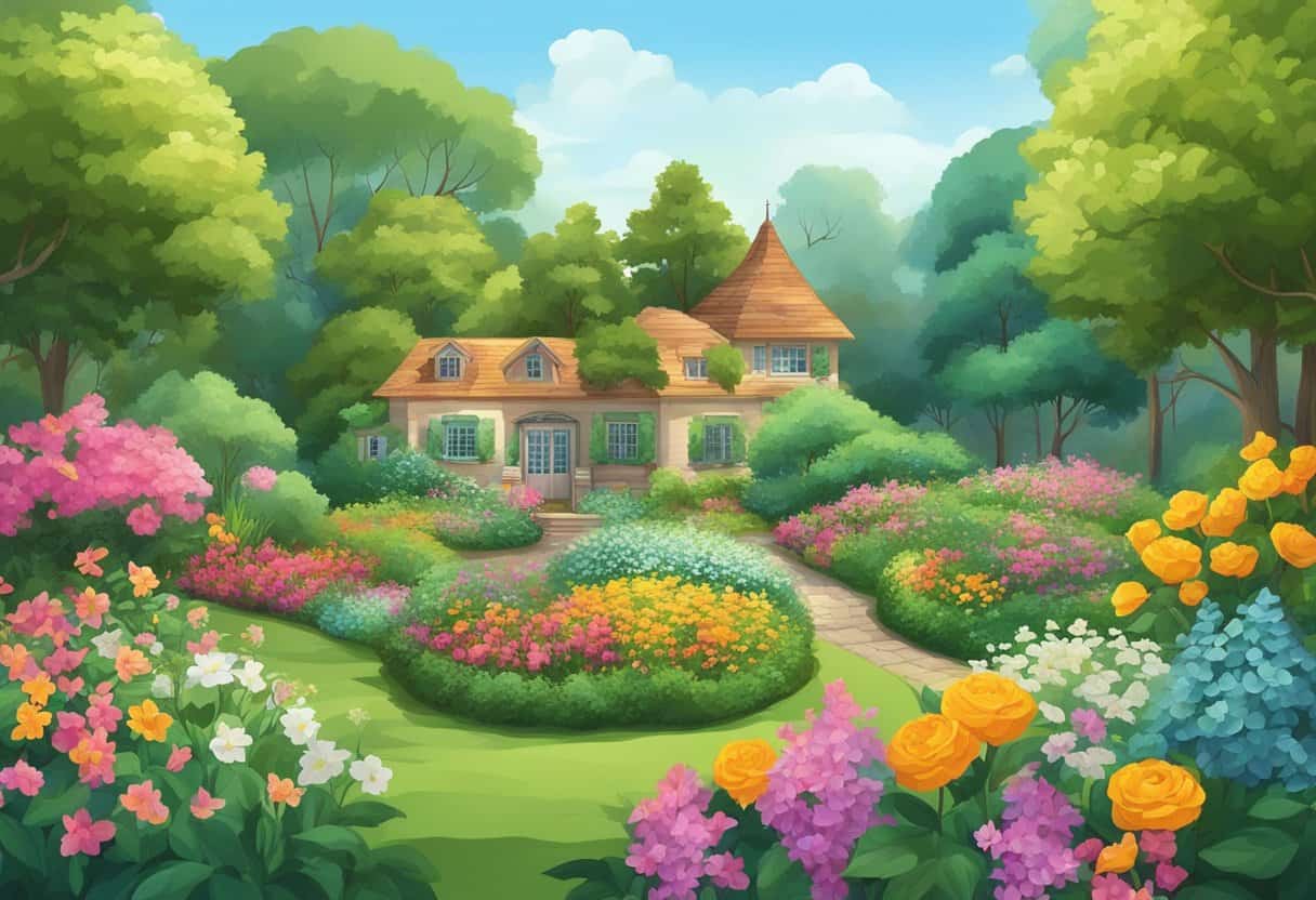 A lush garden with vibrant flowers and buzzing insects, surrounded by towering trees and a gentle breeze