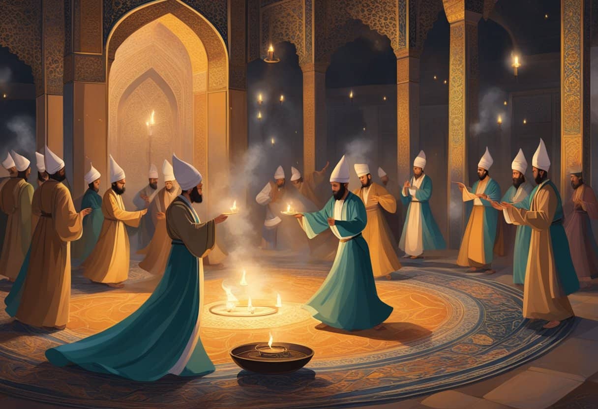 Dervish rituals: spinning dancers in flowing robes, surrounded by incense and candlelight in a dimly lit, ornate hall