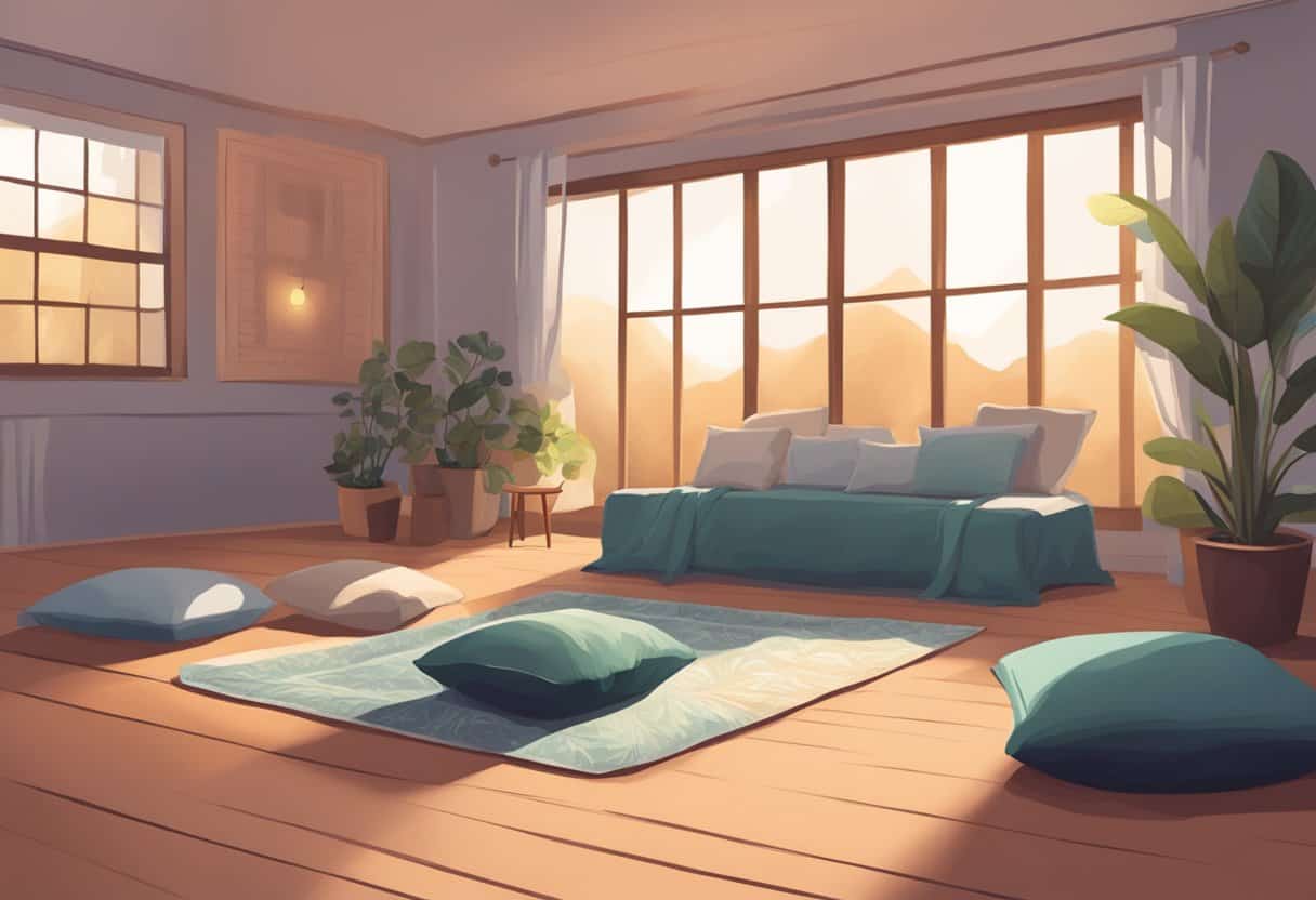 A serene room with dim lighting, soft cushions, and a cozy blanket laid out for a yoga nidra practice