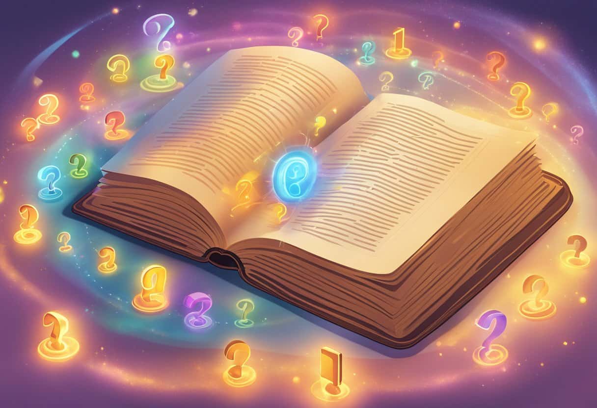 The scene depicts an open book with the title "Frequently Asked Questions Atharvaveda" prominently displayed on the cover. The book is surrounded by floating question marks and a glowing aura