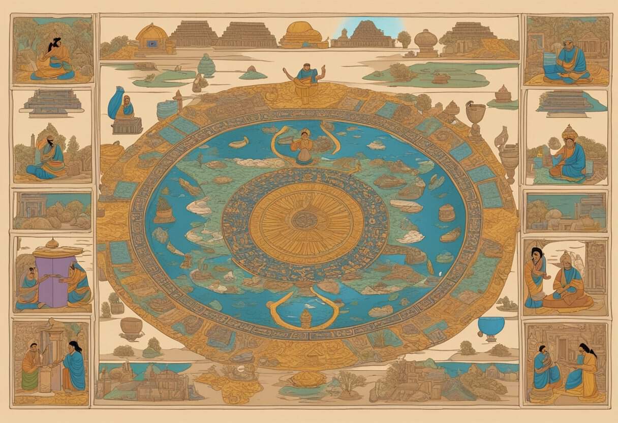 The scene depicts ancient texts and symbols from the Atharvaveda, surrounded by offerings and sacred objects