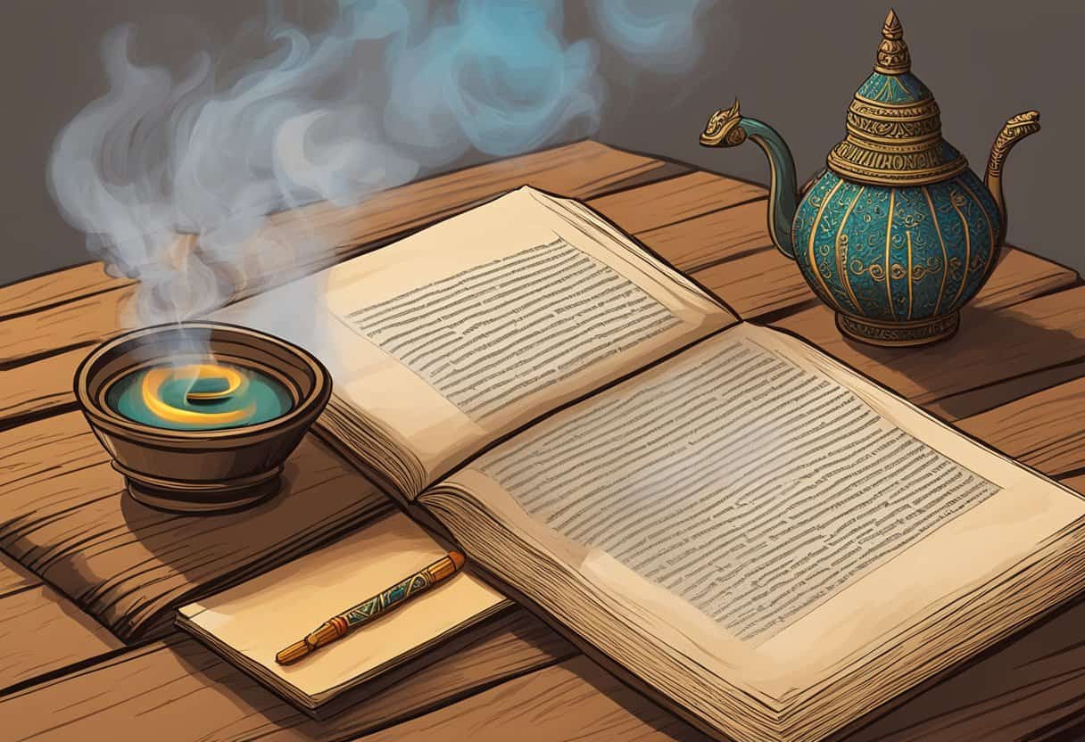 The Atharvaveda, an ancient Indian text, lies open on a wooden table with incense burning in the background