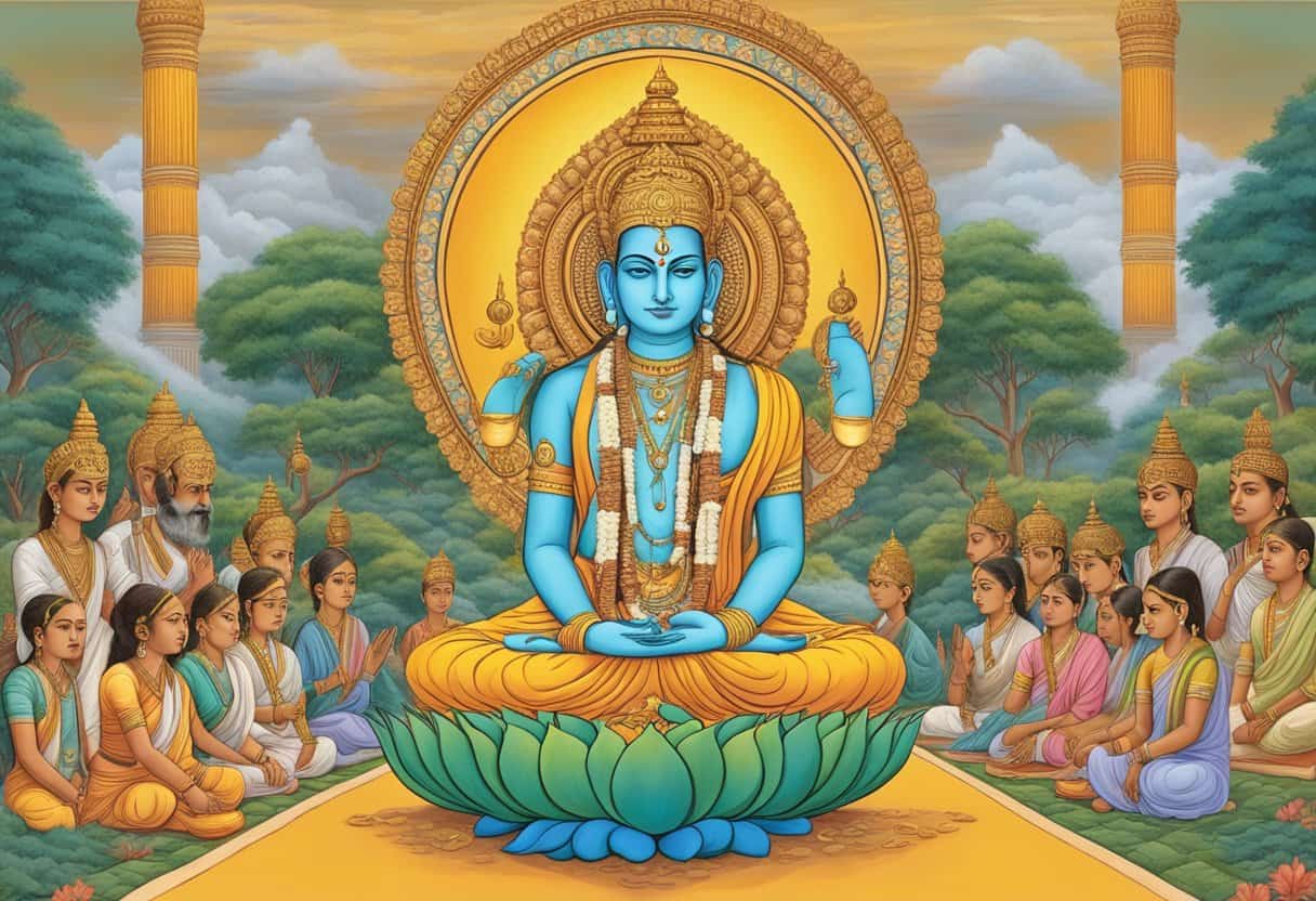 The scene depicts a modern interpretation of the Atharvaveda, with symbolic imagery representing its relevance in contemporary society