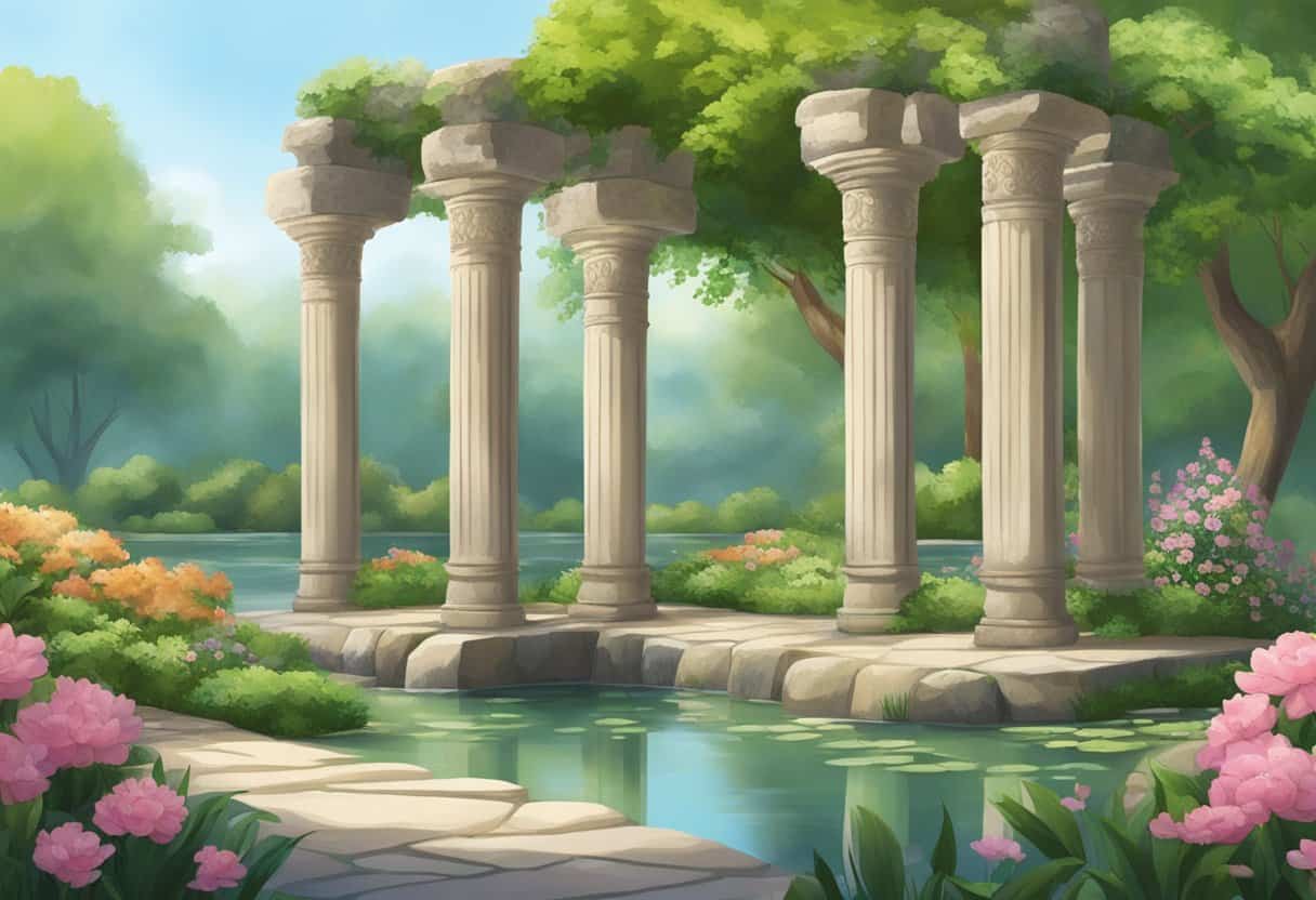 A serene garden with blooming flowers and a tranquil pond, surrounded by ancient stone pillars and lush greenery