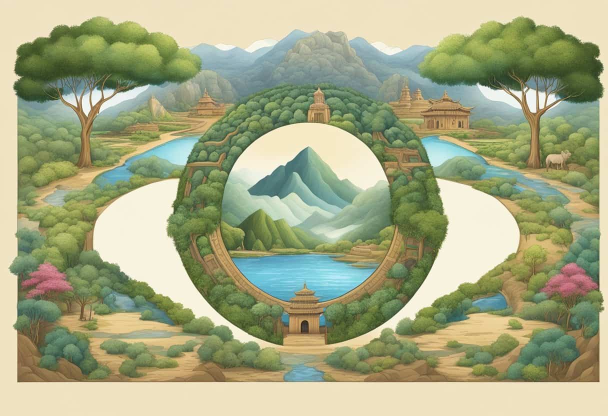 A serene landscape with symbols of various traditions and philosophies interwoven, representing the concept of "Artha en Relación con Otras Tradiciones y Filosofías."
