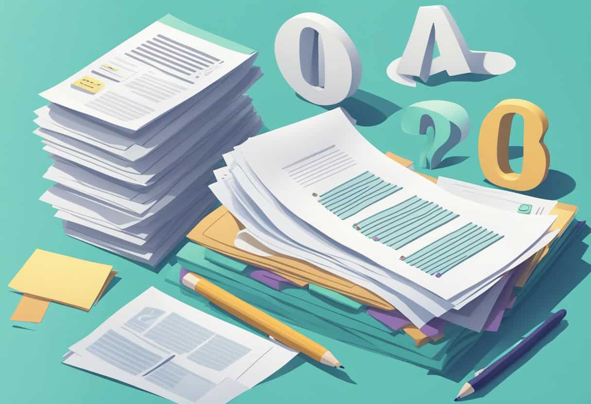 A stack of papers with "Frequently Asked Questions" printed on top, surrounded by question marks and a search bar