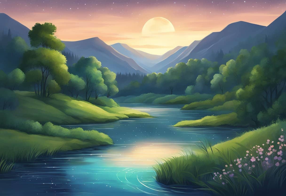 A serene landscape with a peaceful, flowing river surrounded by lush greenery and a clear, starry night sky above
