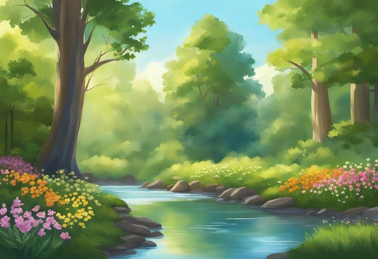 A serene forest clearing with a tranquil stream, surrounded by lush greenery and colorful flowers, under a clear blue sky