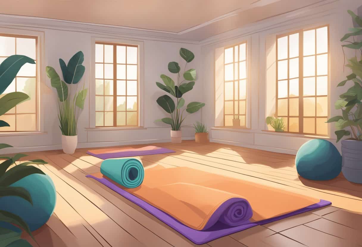 A serene room with soft lighting and a comfortable yoga mat. Surrounding the mat are props like bolsters, blankets, and eye pillows