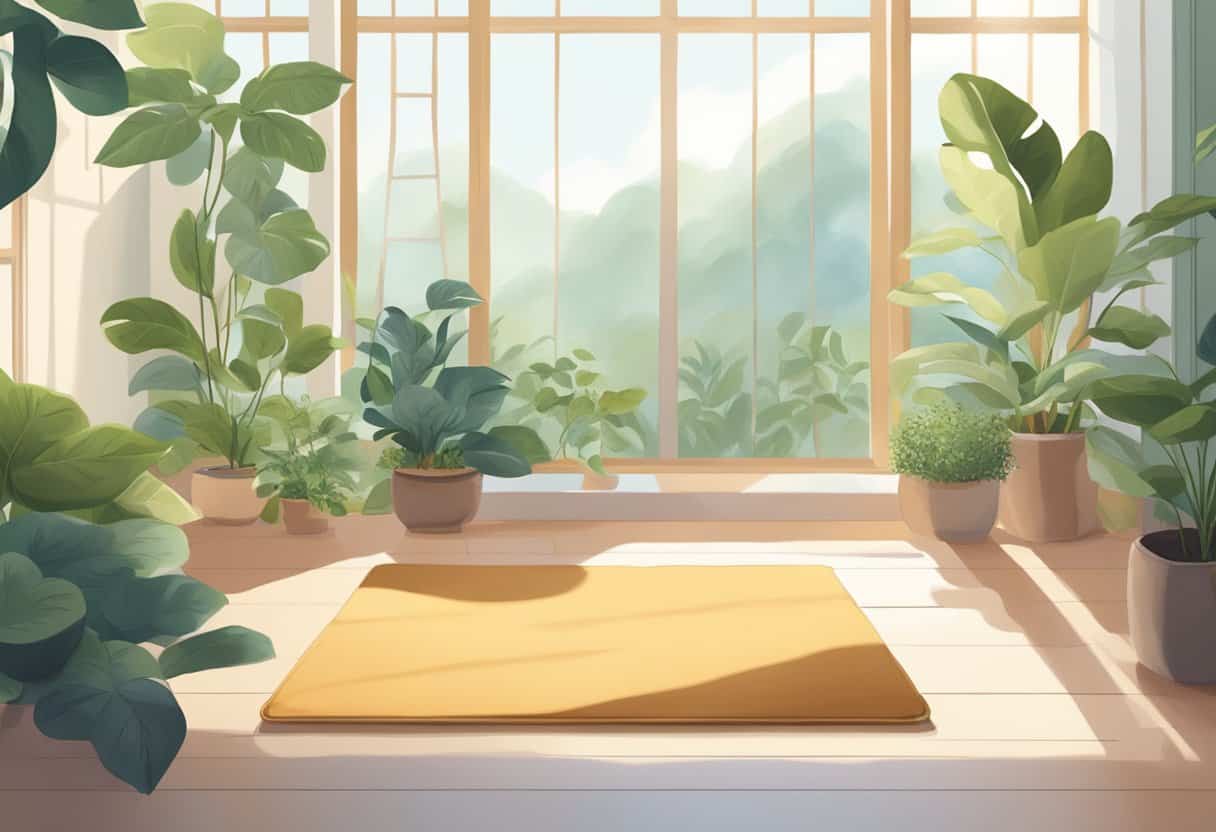 A serene, sunlit room with a cushioned mat for meditation, surrounded by plants and soft, calming colors