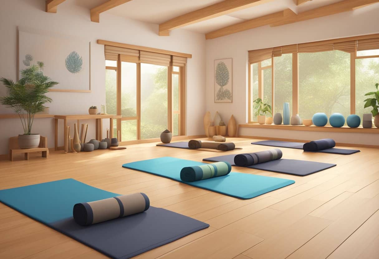 A serene yoga studio with soft lighting, bamboo flooring, and a tranquil atmosphere. Various yoga props such as blocks, straps, and bolsters are neatly arranged in the room