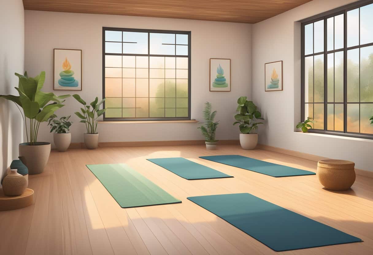 A serene yoga studio with a sign "Frequently Asked Questions Samana Yoga" on the wall. Mats neatly laid out, incense burning, and soft music playing in the background