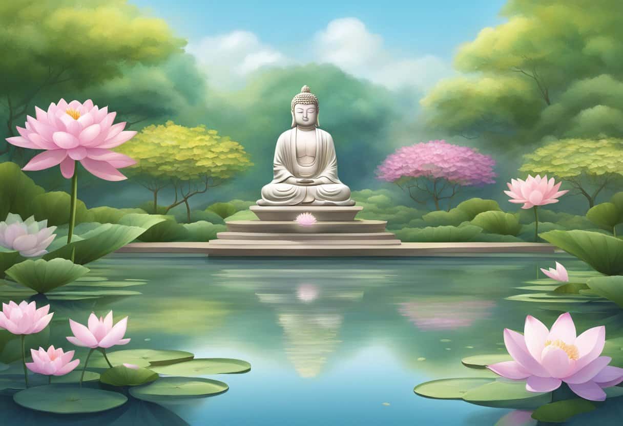 A serene garden with a peaceful pond, surrounded by blooming lotus flowers and a gentle breeze. A small statue of Amitabha stands in the center, radiating tranquility