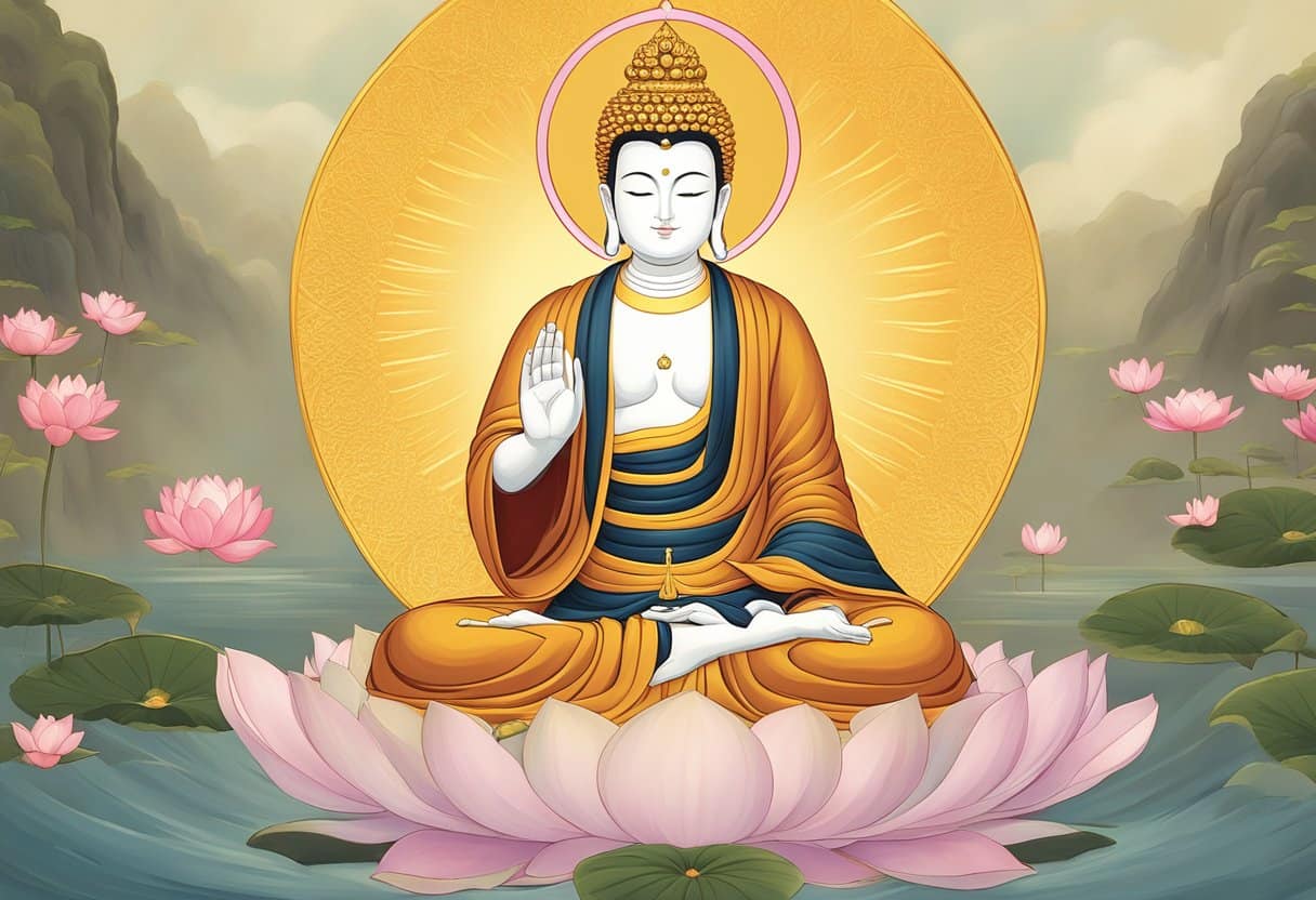 Amitabha's iconography: a peaceful, radiant figure seated on a lotus throne, with a golden halo and a serene expression