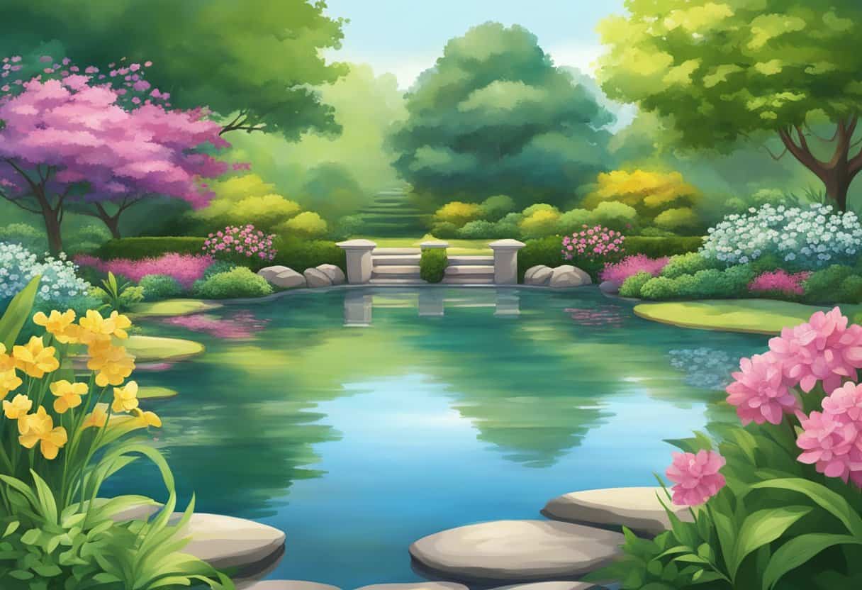 A serene garden with a peaceful pond, surrounded by lush greenery and blooming flowers, providing the perfect setting for meditation