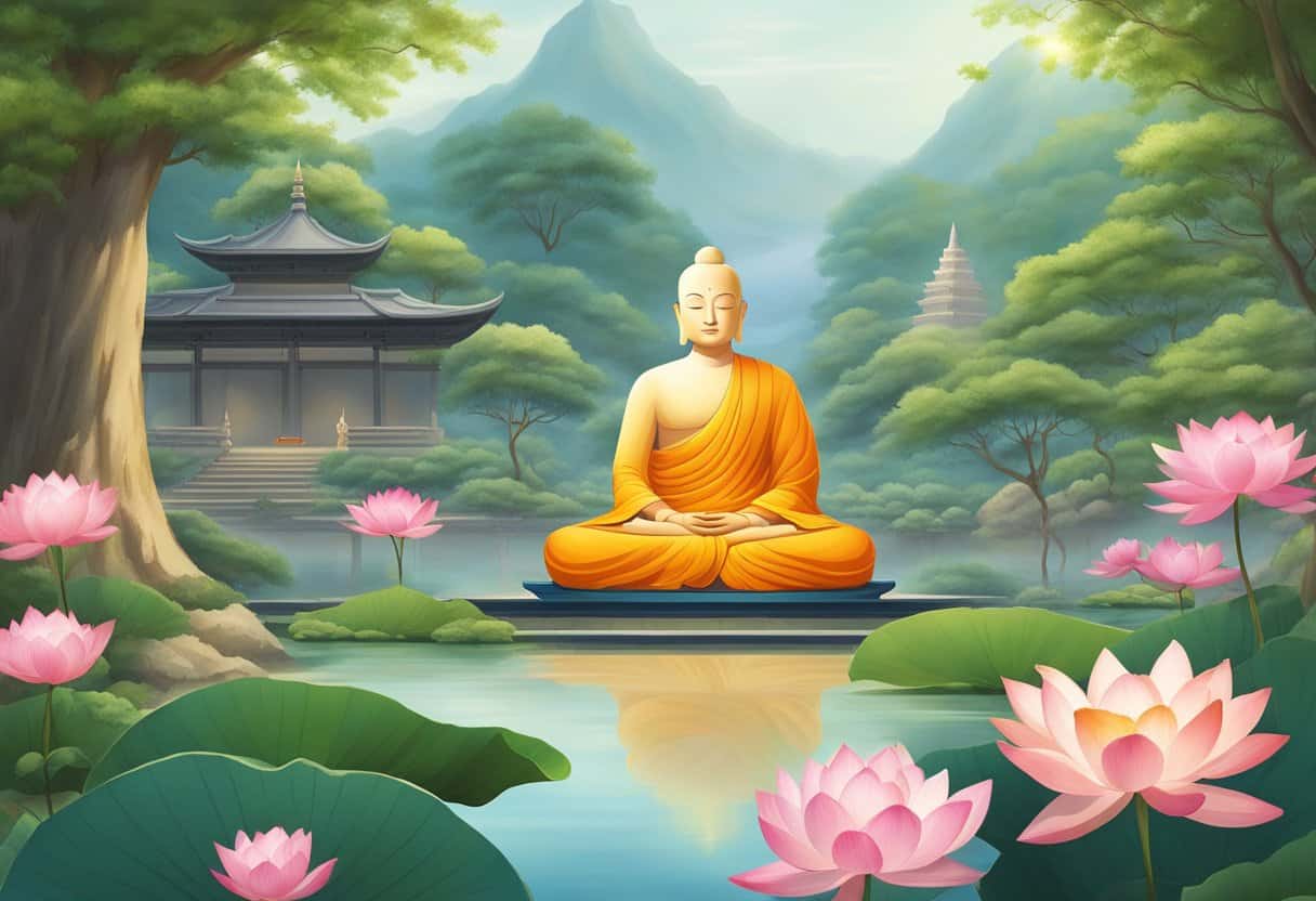 A serene garden with blooming lotus flowers and a radiant amitabha statue surrounded by peaceful monks in meditation