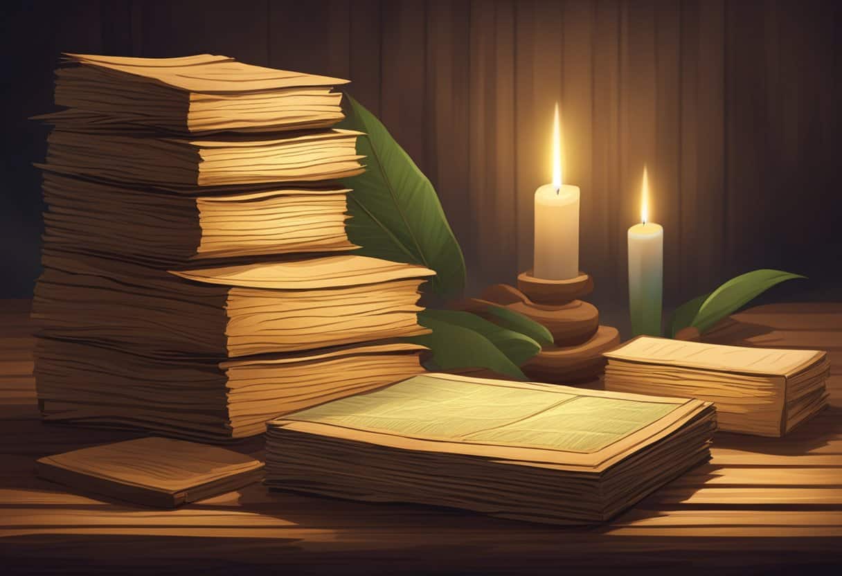 A stack of ancient palm-leaf manuscripts, the tipitaka, rests on a wooden table, illuminated by soft candlelight