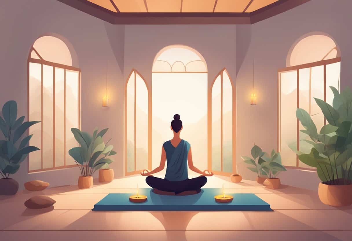 A serene room with soft natural light, a comfortable cushion, and a small altar with candles and incense. A person sits with eyes closed, in a peaceful state of meditation