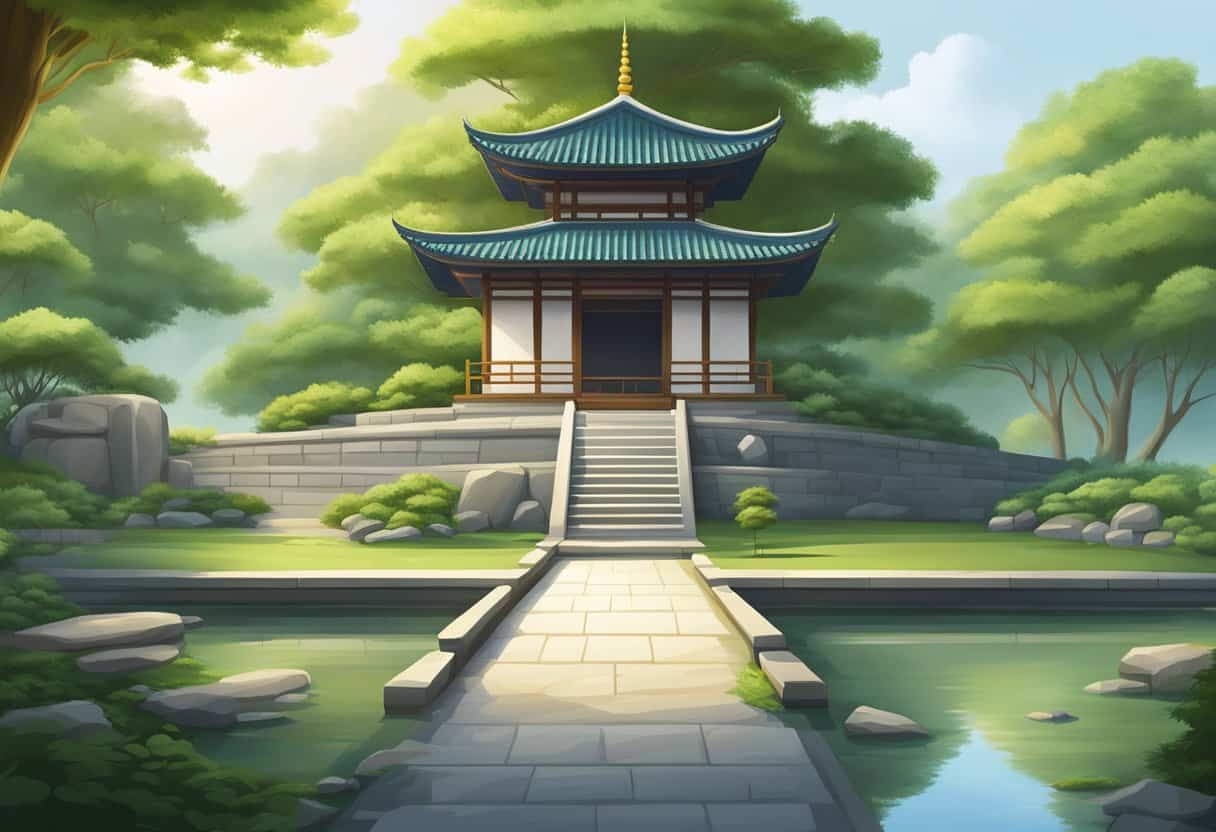 A serene temple courtyard with a stone path leading to a pagoda, surrounded by lush greenery and a tranquil pond
