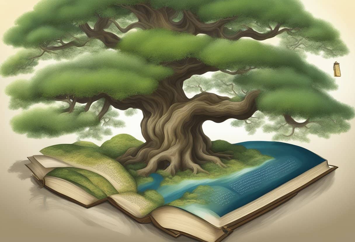 A serene landscape with ancient scriptures and a Bodhi tree, symbolizing the history and development of the Tipitaka