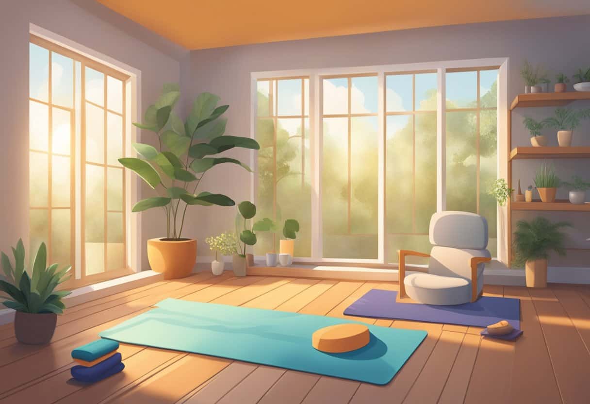 A serene, sunlit room with a yoga mat, bolster, and props. A peaceful atmosphere with soft music and incense