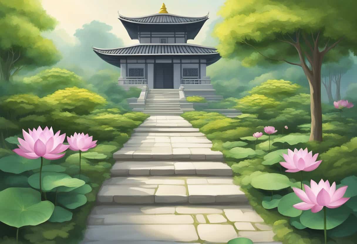 A serene path winds through a peaceful garden, with blooming lotus flowers and lush greenery, leading towards a tranquil temple