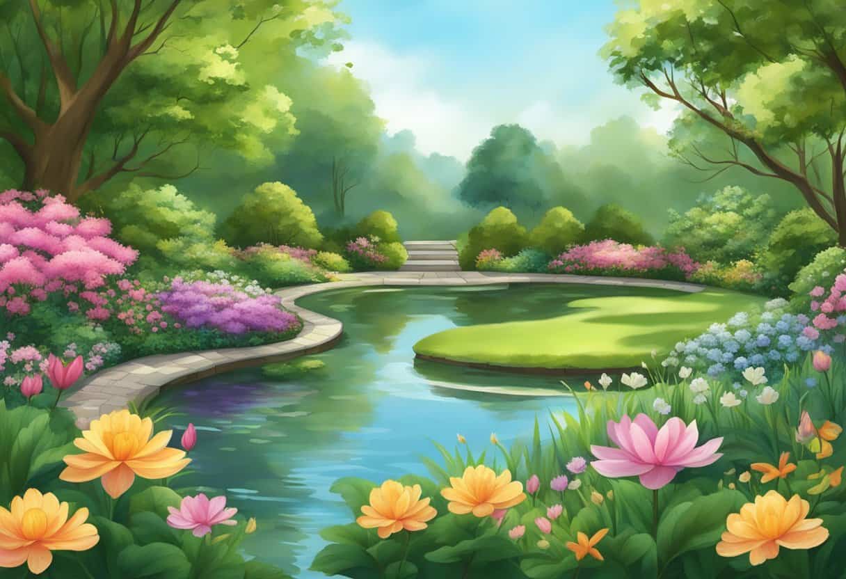 A tranquil garden with a peaceful pond, surrounded by lush greenery and blooming flowers, creating a serene atmosphere for meditation