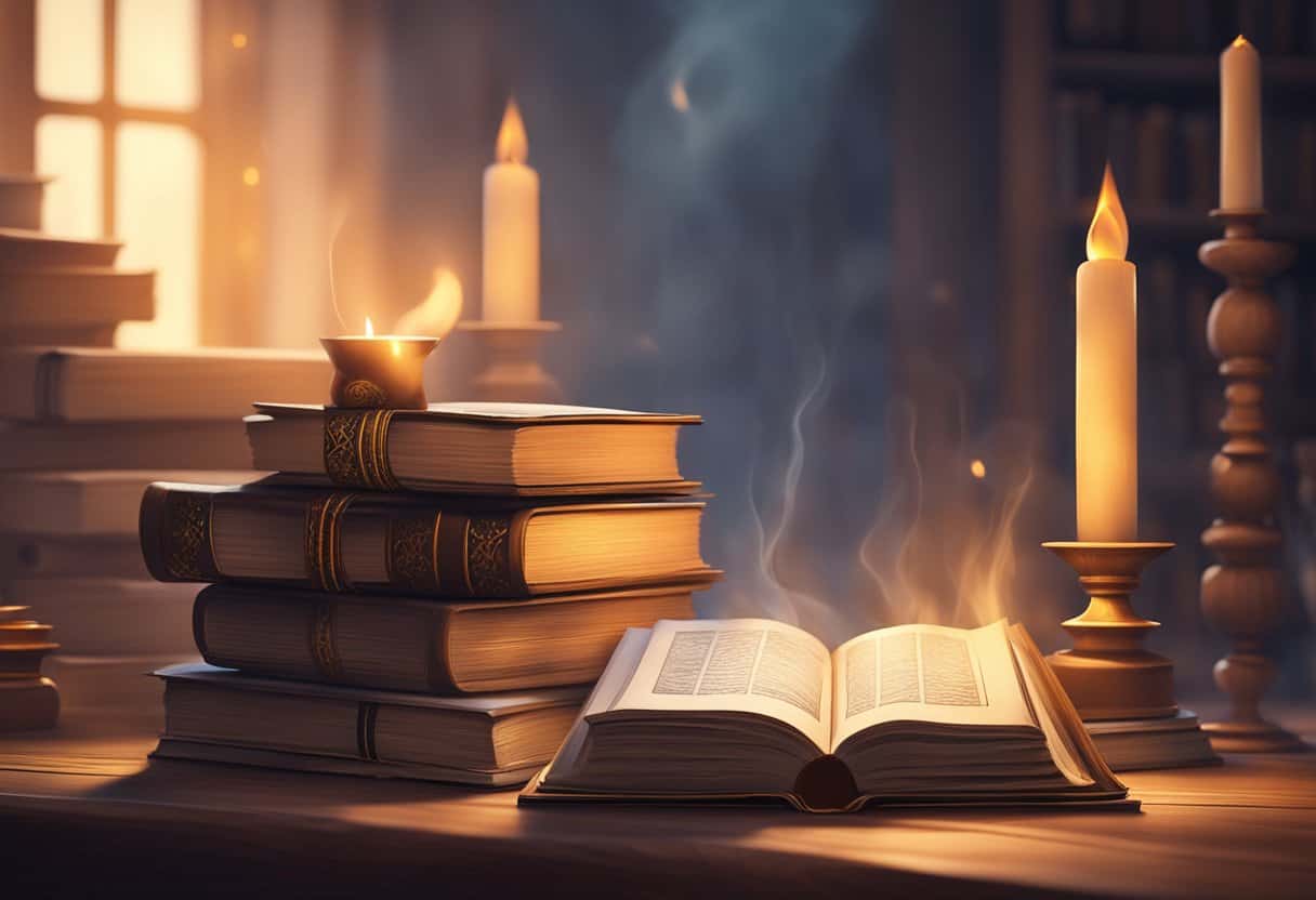A stack of ancient texts sits on a wooden table, surrounded by flickering candlelight and incense smoke, creating a serene and mystical atmosphere