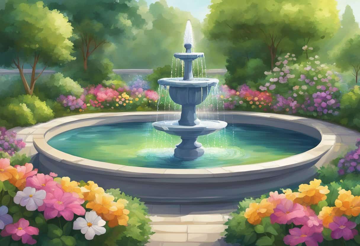 A tranquil garden with a bubbling fountain surrounded by lush greenery and colorful flowers, with a sense of peace and tranquility in the air