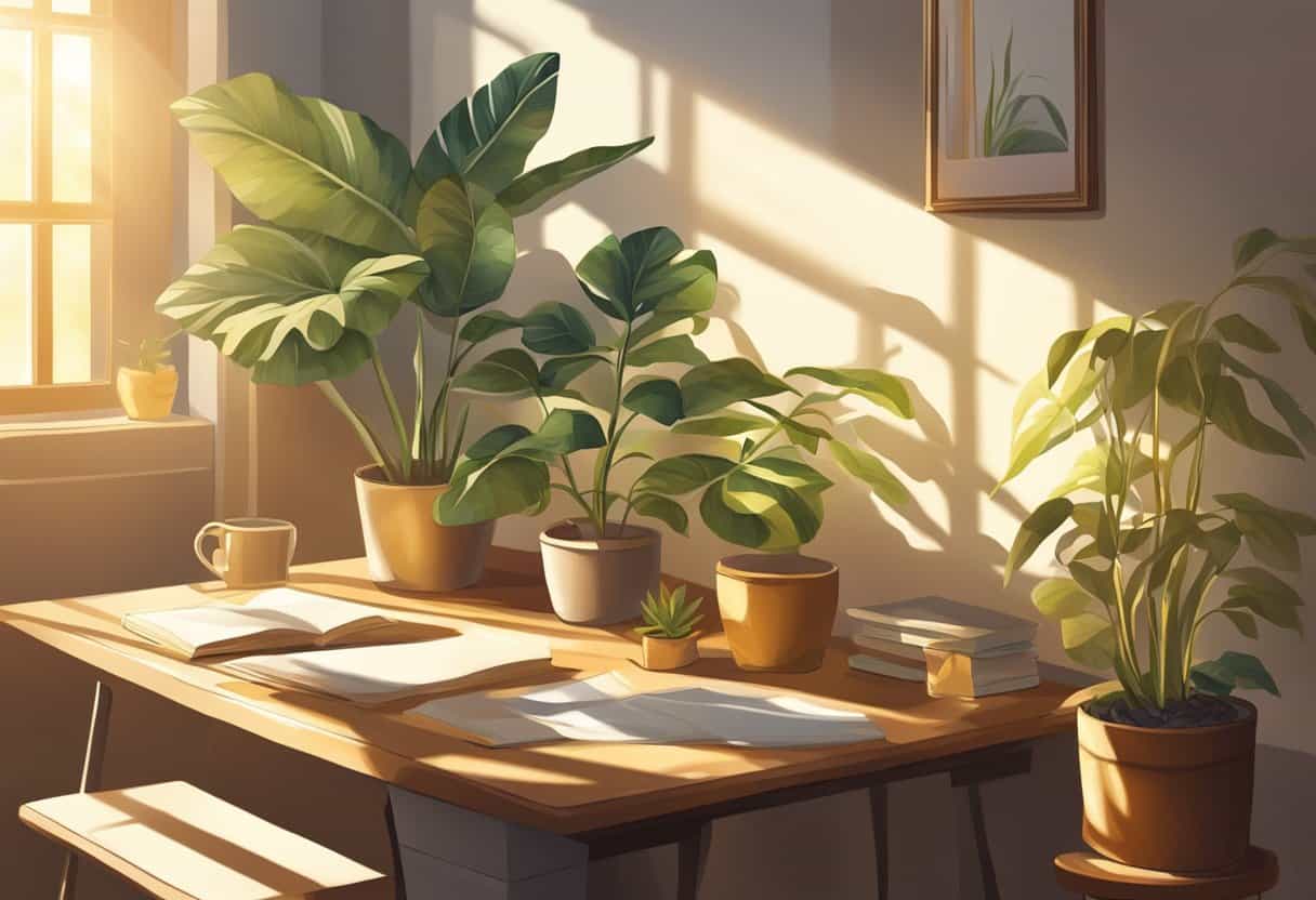 A serene room with sunlight streaming through a window, casting warm golden hues on a cluttered desk. A plant sits in the corner, thriving in the tranquil atmosphere