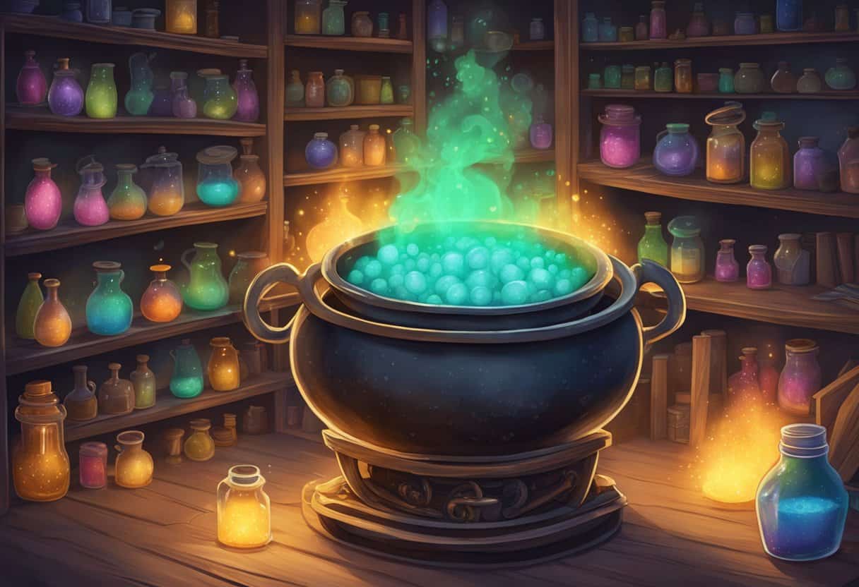A bubbling cauldron sits atop a crackling fire, emitting a soft glow. Surrounding it are shelves filled with mysterious jars and vials, each containing colorful liquids and powders. A sense of magic and mystery fills the air