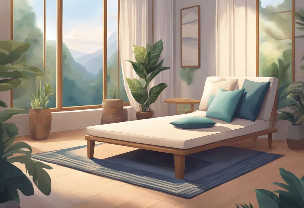 A serene meditation space with soft lighting, comfortable cushions, and tranquil decor