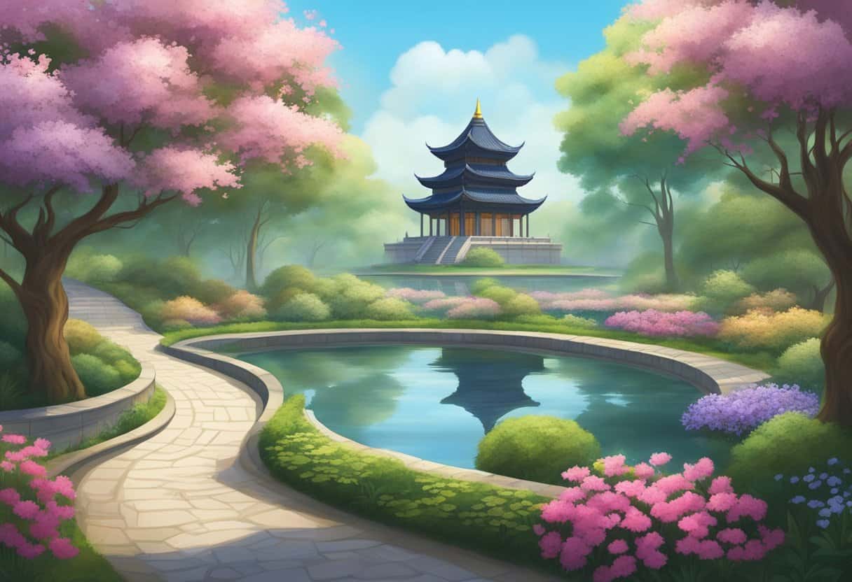 A serene garden with blooming flowers, a tranquil pond, and a winding path leading to a mysterious ancient temple nestled among the trees