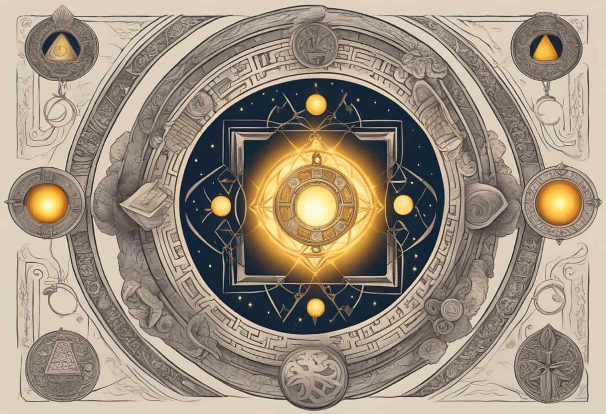 A glowing orb surrounded by ancient symbols, representing inner alchemy teachings