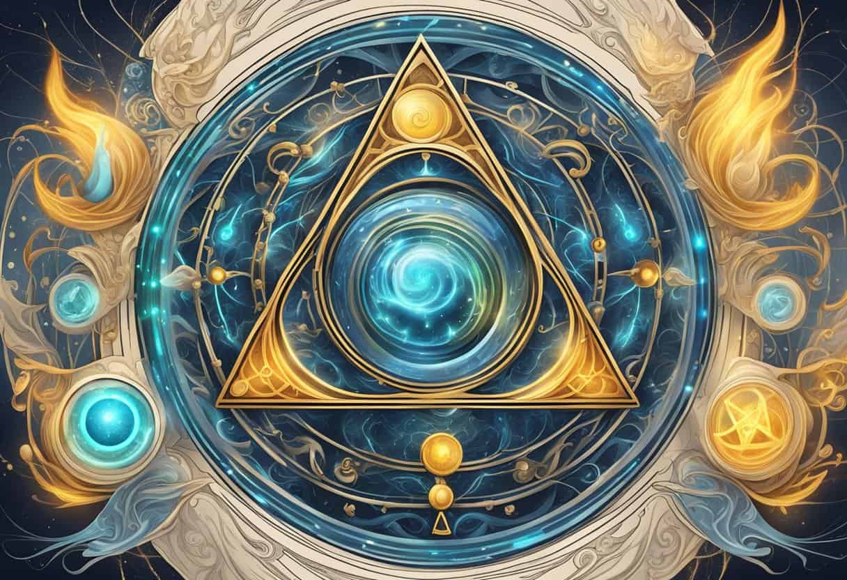 A glowing alchemical symbol surrounded by swirling energy and mystical elements