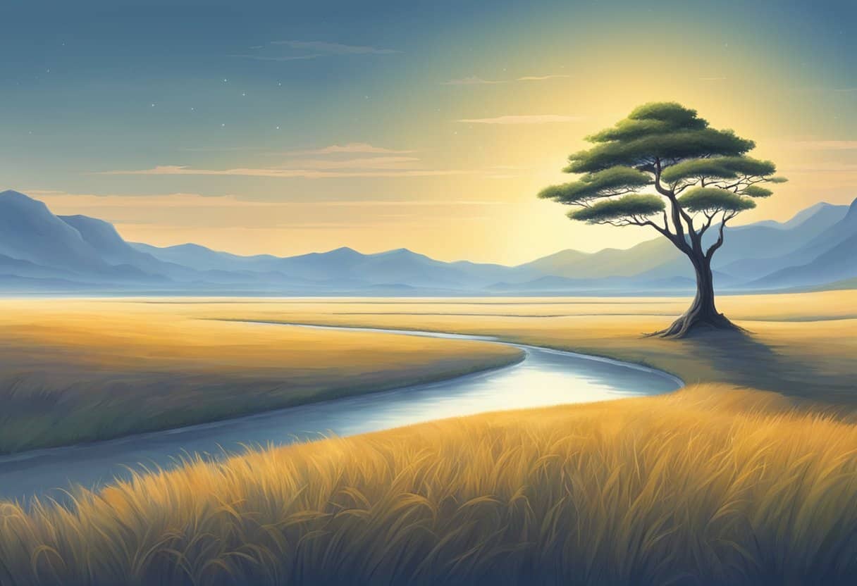 A serene landscape with a lone tree standing tall amidst a vast open space, symbolizing the concept of śūnyatā - the emptiness and interconnectedness of all things