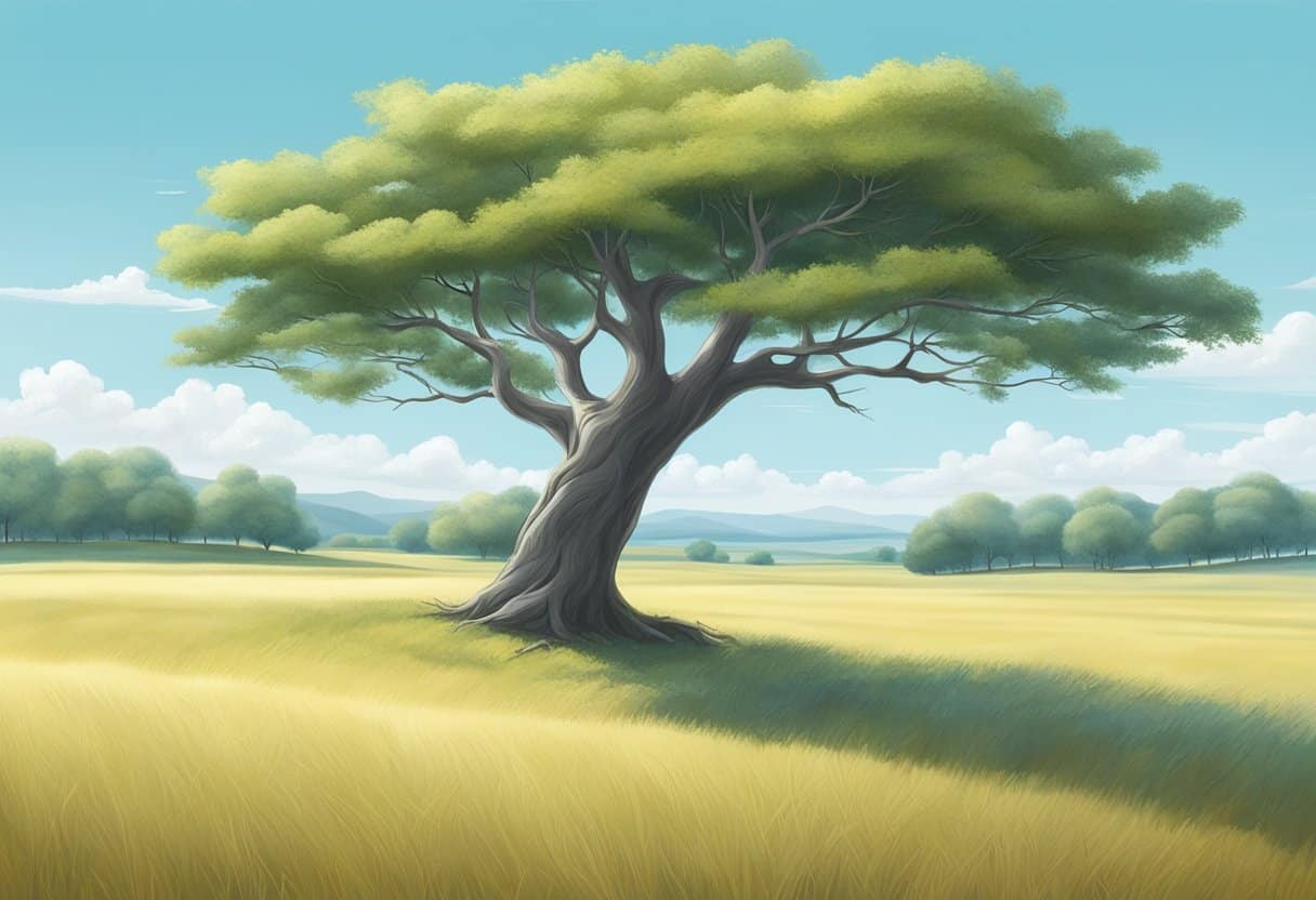 A serene landscape with a lone tree standing in a vast, open field under a clear sky, symbolizing the concept of śūnyatā