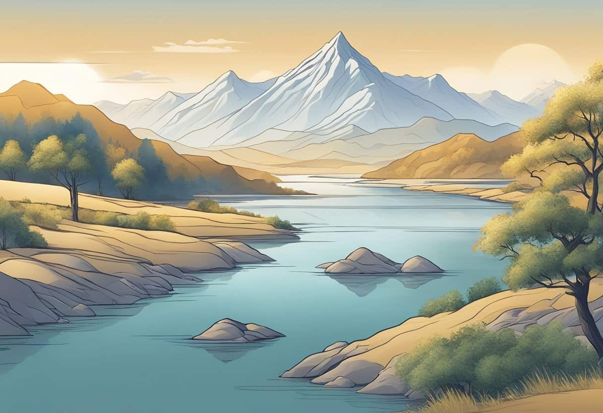A serene landscape with mountains, a flowing river, and a clear sky, representing the concept of śūnyatā (emptiness) and its fundamental origins