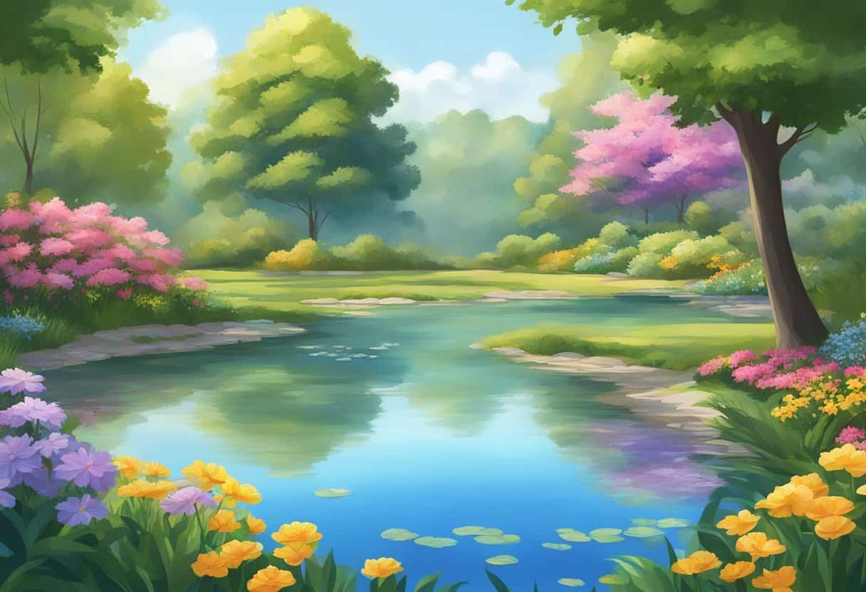 A serene landscape with a tranquil pond, surrounded by lush trees and colorful flowers, under a clear blue sky